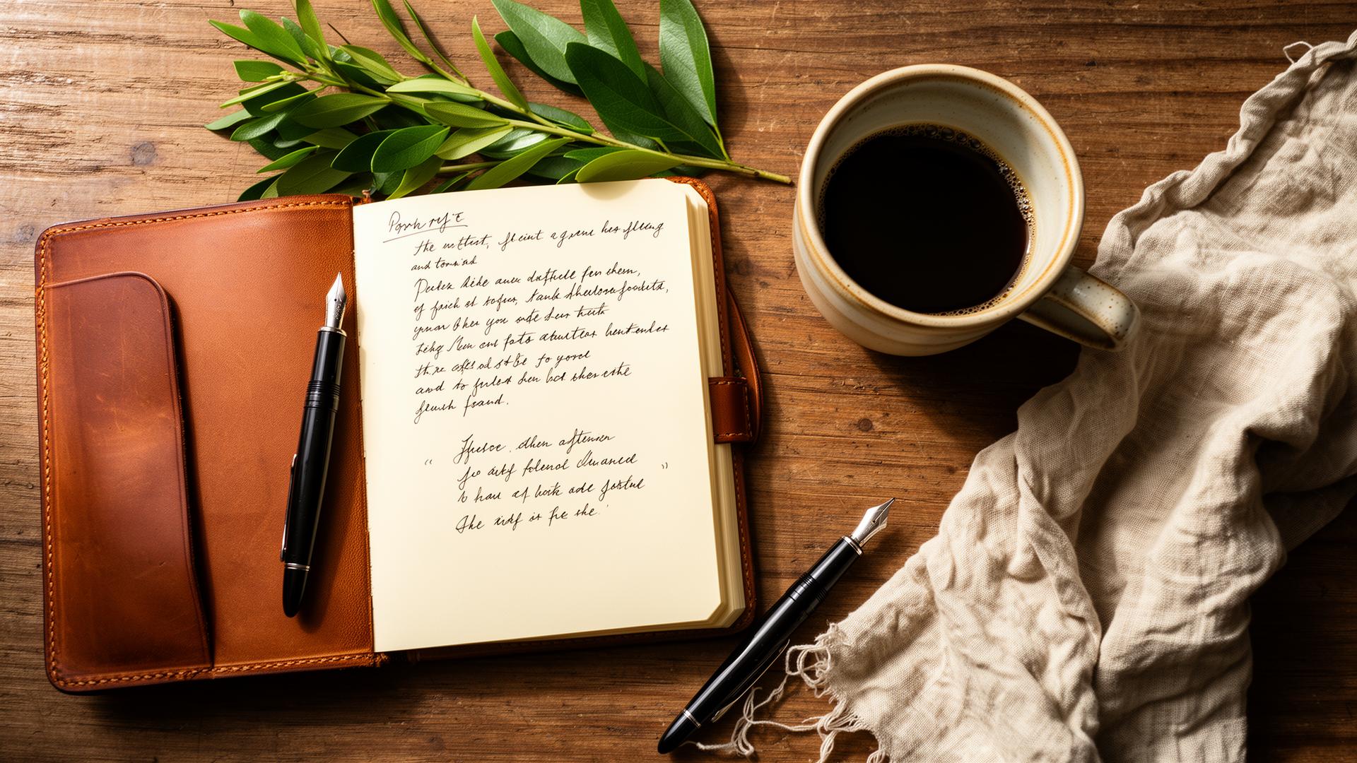 A leather notebook, fountain pen and a cup of coffee on a wooden desk